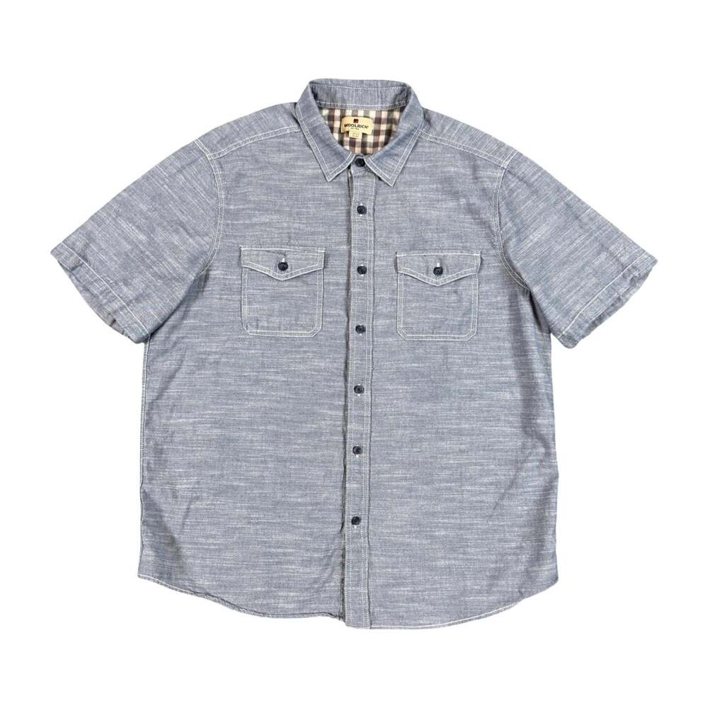 Woolrich Woven Cotton Solid Button Up Shirt Short Sleeve Pockets XL Blue